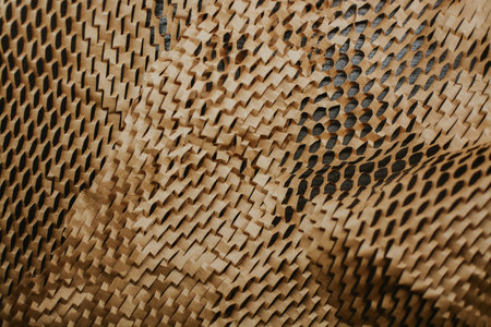 Close-up of corrugated brown paper for protecting goods during shipping mail and boxesの写真素材
