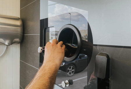 A man returns used bottles into a machine for recycling and reuse. High quality photoの写真素材