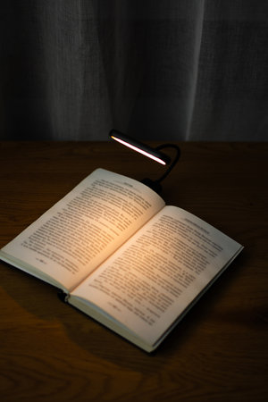 Reading a book at a wooden desk in the evening with the help of a convenient clip-on lamp. Eye protection in the dark and suitable warm light for health. High quality photoの写真素材
