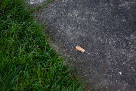 Awl for piercing lying on asphalt next to grass outdoors. High quality photo