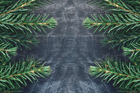 Close up green twig of Christmas tree on wooden vintage background. Christmas and New Year holiday. Copy Space and Wallpaperの写真素材