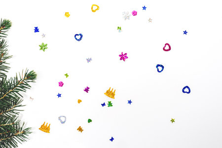 Red, green and blue Christmas balls toys on a white background. Winter holidays concept. Card with Copy Space for text.の写真素材