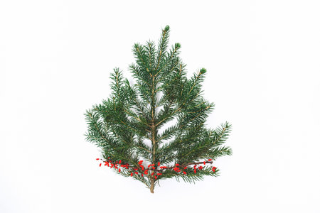 Red, green and blue Christmas balls toys on a white background. Winter holidays concept. Card with Copy Space for text.の写真素材