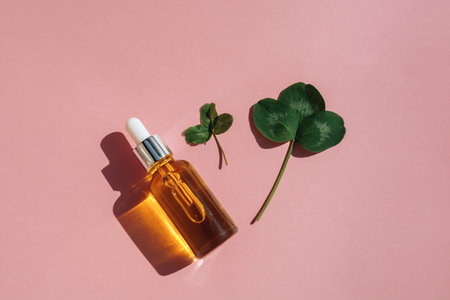 Selective focus Dropper glass Bottle Mockup with metal lid, essential oil, leaf of healing clover...