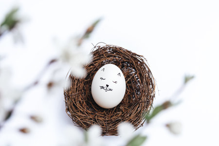 Happy Easter. Beautiful white egg in wicker nest on white background. Picture of gentle kitten. Top...