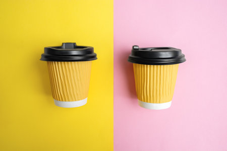 Soft Selective focus on yellow cup of takeaway coffee lies in creative mess on colored paper on design table. Blue, orange and pink background. Copy space for text. vertical photoの写真素材