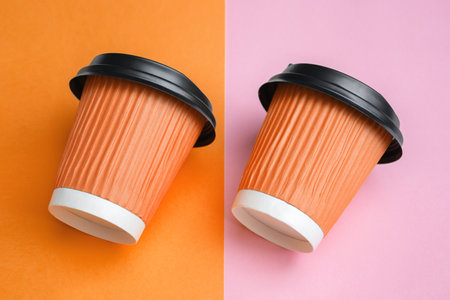 Close-up image of two orange, slightly red takeaway coffee or tea cups placed parallel and tilted to the right on colorful design table or paper. pink background. copyspace. soft selective focusの写真素材