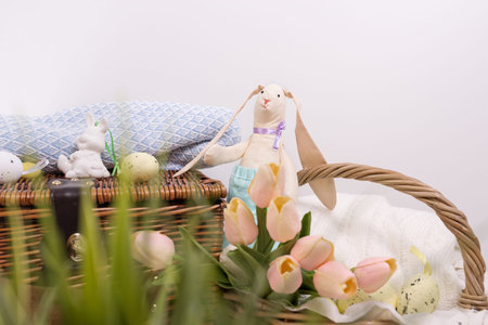 Vintage postcards for Easter, Defocused focus on grass foreground. Preparing for Easter picnic in...