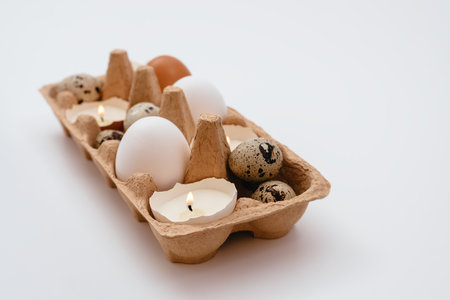 Easter holiday concept with different eggs and candle in eggshell in tray on white background. Quail and chicken eggs. copy spaceの写真素材