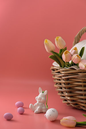 Greeting card for Easter. Little white Easter toy rabbit near a basket with tulips, colorful eggs on a red background. happy holidays. copy spaceの写真素材