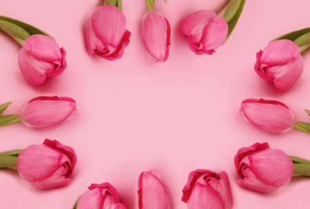 Greeting card or wedding invitation. Frame of pink tulips on pastel pink background. waiting for spring. flower composition. Happy Mother's Day. top view, copy spaceの写真素材