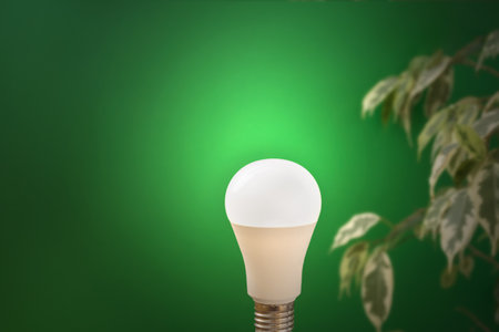 green energy. Light lamp glowing on green plant background. Concept of Earth Day, energy-efficient lighting, environmental protection important to the world. copy spaceの写真素材
