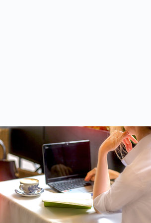 Banner with a woman working on a laptop in a summer cafe. business. view from the back. modern...
