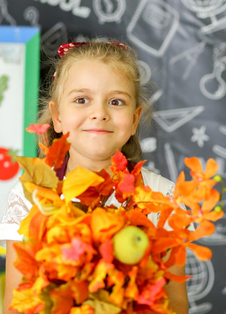 Portrait of a little happy girl with a bright autumn bouquet of leaves in the classroom. back to school. Education. autumn concept.の写真素材