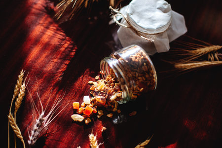 Breakfast granola in a jar.の写真素材