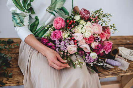 Florist makes a bouquet.の写真素材