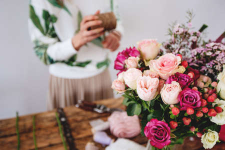 Florist makes a bouquet.の写真素材