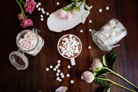 Cocoa with marshmallow and flowers.の写真素材