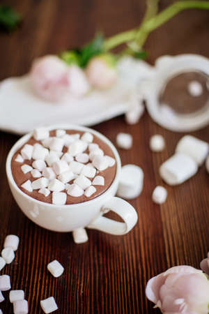 Cocoa with marshmallow and flowers.の写真素材
