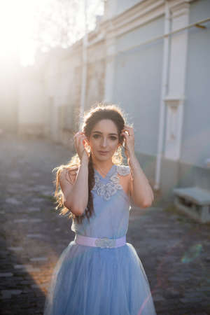 Bride in blue dress.の写真素材