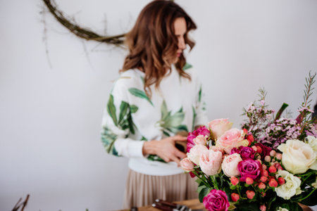 Florist makes a bouquet.