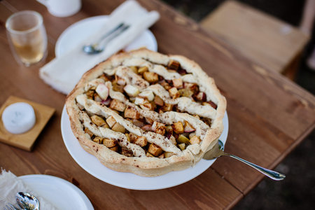 Fresh baked delicious classic American apple pie.Top view, rustic style, copy space.の写真素材