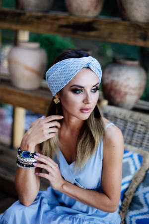 Portrait of beautiful sensual woman with turban.の写真素材
