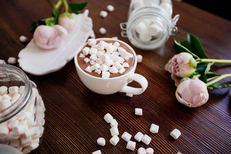 Cocoa with marshmallow and flowers.の写真素材