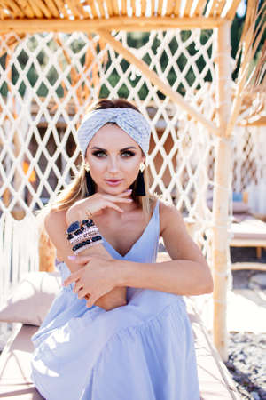 Portrait of beautiful sensual woman with turban.の写真素材