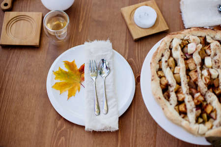 Autumn picnic food served. Apple pie.の写真素材
