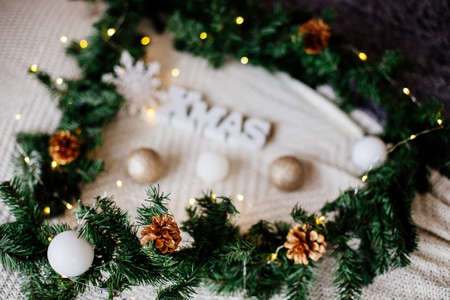 Xmas inscription in new year decor.の写真素材