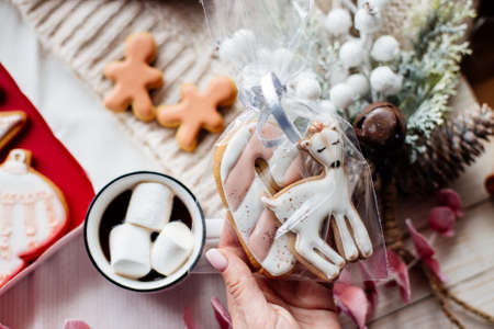 Cup of cocoa with marshmallows and cookies on table. New year and Christmas.の写真素材