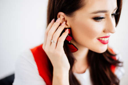 Beautiful woman with red lipsの写真素材