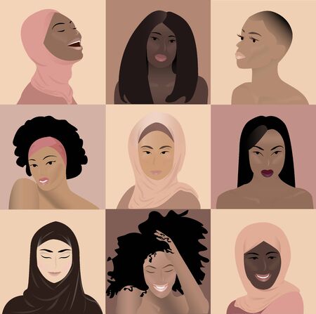 Set of nine different cute women portraitsのイラスト素材