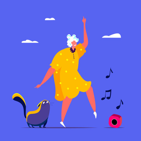 Happy grannny dansing and having fun in a cheerful mood. Elder dancer. Vector flat portrait of old cute woman hanging out with her cat. Cartoon style. Character illustration. Healthy lifestyle.のイラスト素材