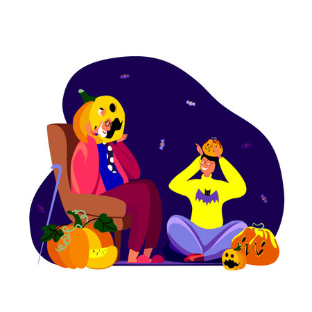 Creative illustration with funny grandfather in evil pumpkin and grandson making hornsのイラスト素材