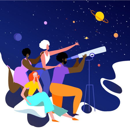 Happy friends visiting planetarium, looking at celestial bodies or space objectsのイラスト素材