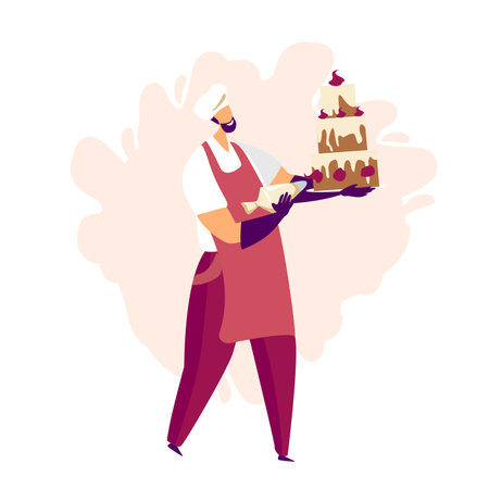 A man glazing a big cake with an berry cream and making confections. Confectionery craft process. Flat cartoon colorful vector illustration for advertising, cafe windows, stickers, invitation to cooking coursesのイラスト素材