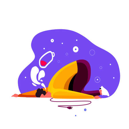 Tired man fell on the floor laid his exhausted head. Overwhelmed workaholic got his batter low, has no energy to move on. Frustrated guy in a terrible fatigue and weakness. Flat vector illustrationのイラスト素材