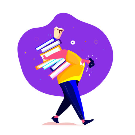 Tired student or worker carrying a lot of books and folders. Overwhelmed burnout employee holding bunch of textbooks trying to overcome his fatigue. Rushing to Implement His Business Idea. Exhaustedのイラスト素材