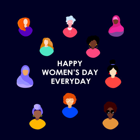 Happy International Woman Day Congratulation.Feminism concept.Different Skin, Nationality, Religion Girl Together.Eight of March.Free Confident Women.Feminine, Female Empowerment.Flat vector illustrationのイラスト素材