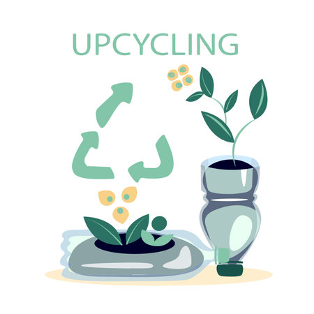 Upcycling plastic bottles cutting utilized jar to plant seedling and flowers. Potting creation. Vertical gardening. Illustration of recycling and reutilization. Reducing waste Flat vector illustrationのイラスト素材