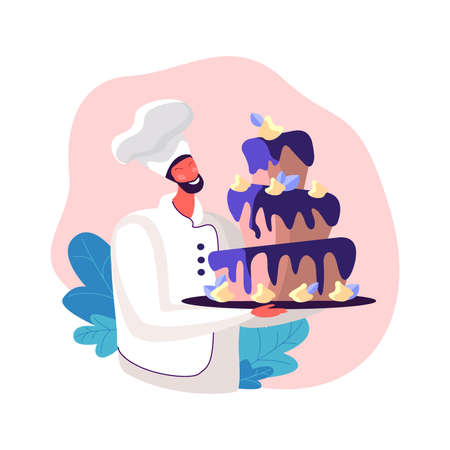 Man presents Festive Cake with Blueberry Sweet custard Cream. Character in Chef Uniform and Cap holding Huge Pie. Bakery Giant Dessert for Birthday or Wedding, celebrations. Flat Vector Illustrationのイラスト素材