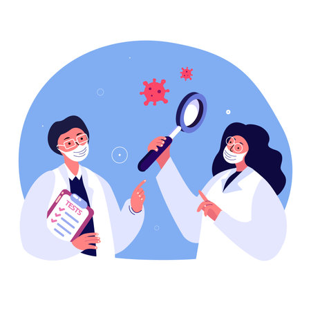 Scientist Virologist Researcher Explore Element Corpuscle Particle. Chemist Student in Medical Protective Mask. Doctor Biologist Expert. Medicinall Laboratory Examination.Vector Illustrationのイラスト素材