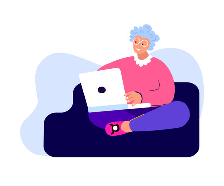 Old Elderly Pensioner Woman Working Online, Stay Home. Watching Movie Film on Laptop.Home Office Worker.Internet, Laptop Computer.Telework Freelancer, Virtual Chat Correspondence.Flat Vector Illustrationのイラスト素材