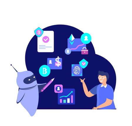 Crypto Trading Online Education for Children with Cyber Robot Chat bot.Blockchain Virtual Innovation Technology.Smart Contract, Cryptocurrency Bitcoin, Etherium, Business Concept.Flat vector illustrationのイラスト素材