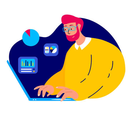Young Man Employee Work Online at Home.Deadline Gain. Freelancer, Remote Workplace. Distance Job Copywriter Businessman. Virtual Chat Correspondence. Internet, Laptop Computer. Flat Vector Illustrationのイラスト素材