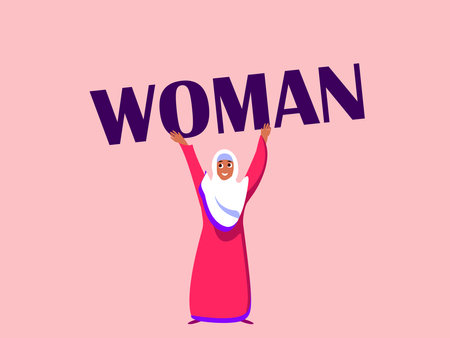Happy International Woman Day Congratulation.Feminism concept.Bright Muslim Smiling Girl in Hijab with Appealing Woman Word. Eight of March.Free Confident Women.Female Empowerment. Vector illustrationのイラスト素材