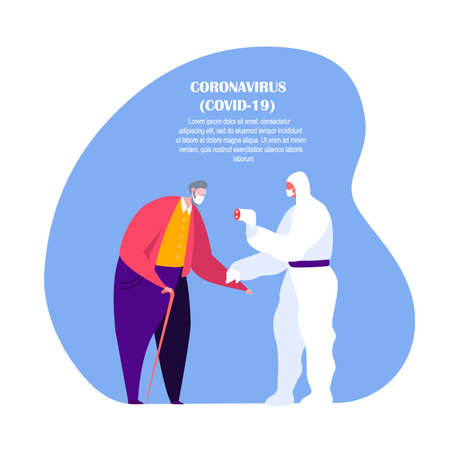 Coronavirus in China.Novel COVID 2019-nCoV, Old Pensioner Elderly Man in Medical Face Mask do Analysis on Quarantine.Man in Protective Suit with Test Safety Facility, Equipment.Flat Vector illustrationのイラスト素材