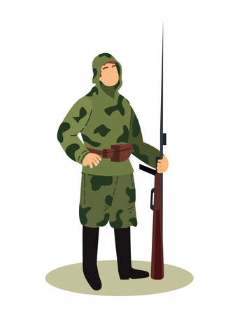 Soldier, Intelligence Officer, Scout Military Character or Personnel Army Dressed in Camouflage Uniform. Soldier Spy, Diversionist with Rifle Gun, Reconnaissanc with Weapon.Flat Cartoon Vector illustrationのイラスト素材